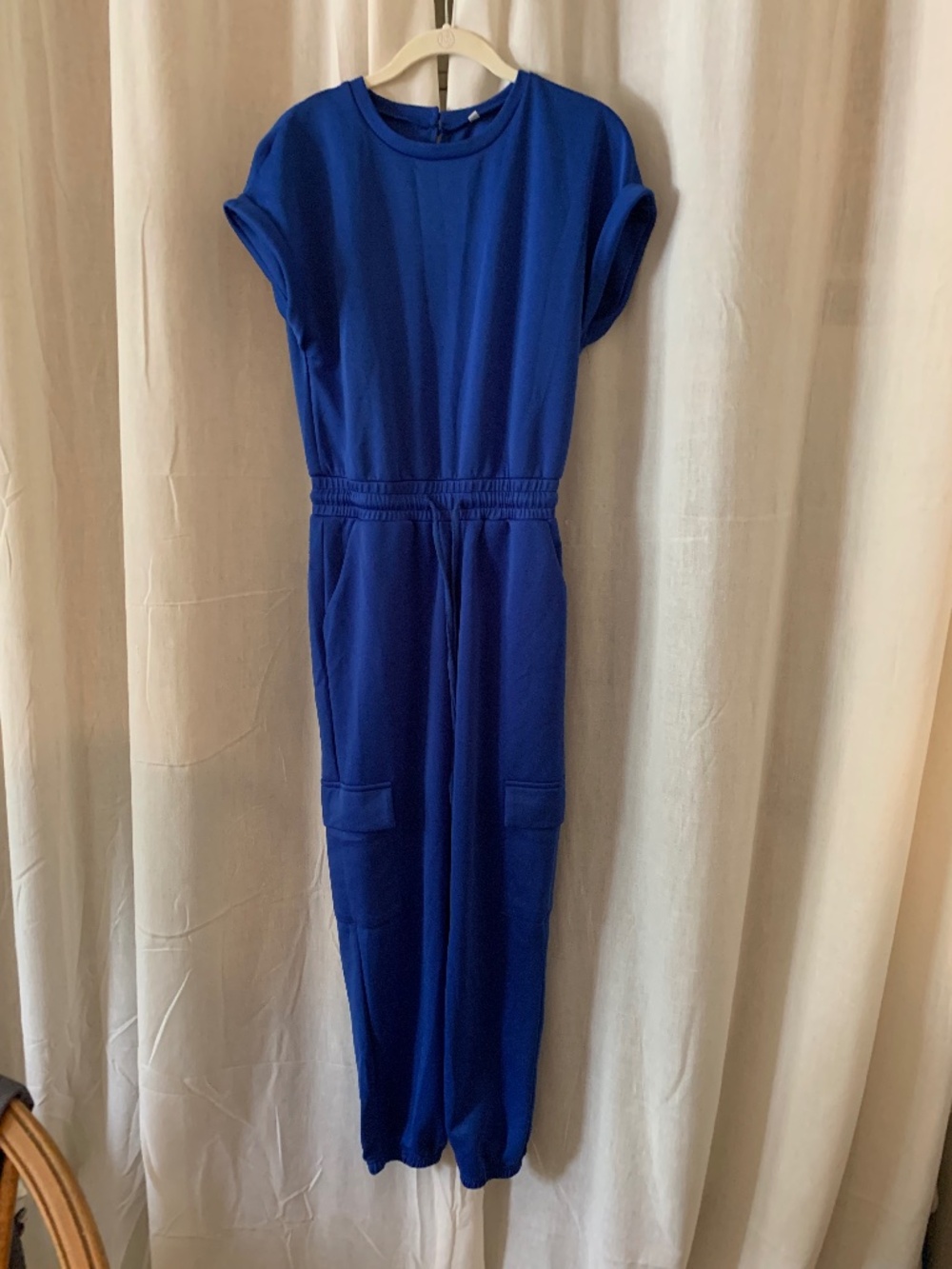 Royal Blue Utility Cargo Jumpsuit Women's M Stretch Knit Short Sleeve M - Picture 5 of 9